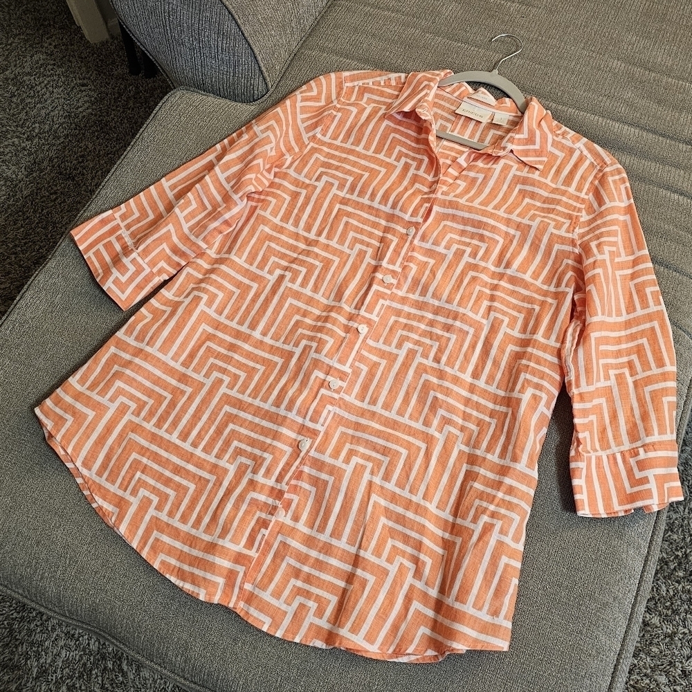 Chico's Linen Coral Salmon White Geometric Casual Button-Up Shirt Size 1/Small - Picture 2 of 6